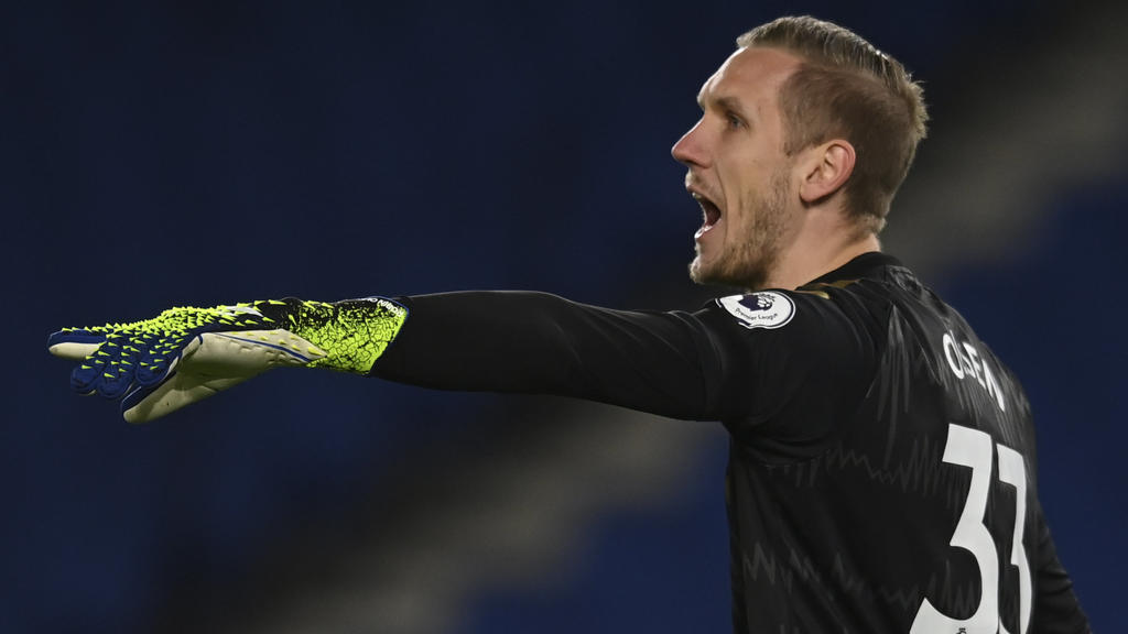 Everton's goalkeeper Robin Olsen reacts during the English Premier League soccer match between Brighton and Everton at the Falmer Stadium in Brighton, England, Monday, April 12, 2021. (Glyn Kirk/Pool via AP)