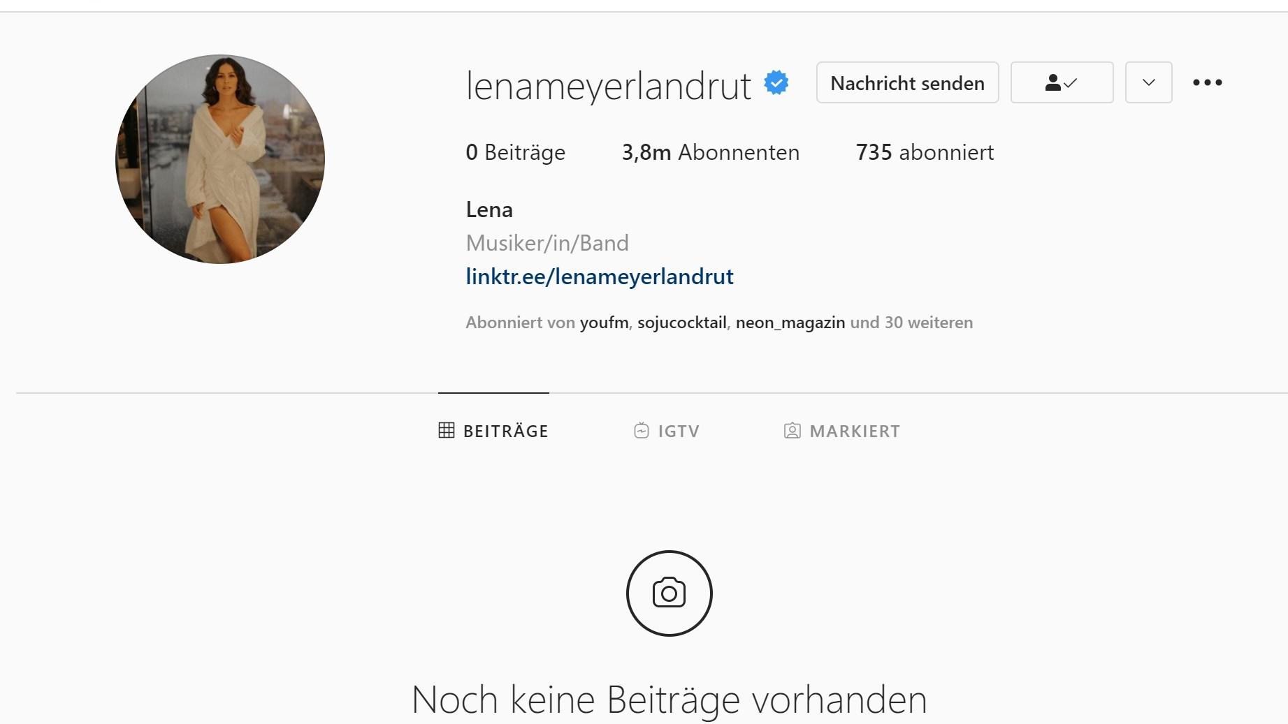 Lena Meyer-Landruts Instagramprofil ist leer.