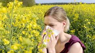 Eine Frau sitzt mit einem Taschentuch in der Hand in einem blühenden Feld und muss sich die Nase putzen, vermutlich aufgrund von Allergien.