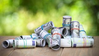 Stack of roll of one hundred dollar and euro bills on garden table.