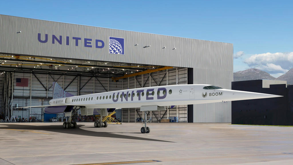 This photo provided by Boom Supersonic shows an artist’s rendition of United Airlines Boom Supersonic Overture jet. United said Thursday, June 3, 2021 that it reached a deal with startup aircraft maker Boom Supersonic to buy 15 of Boom's Overture