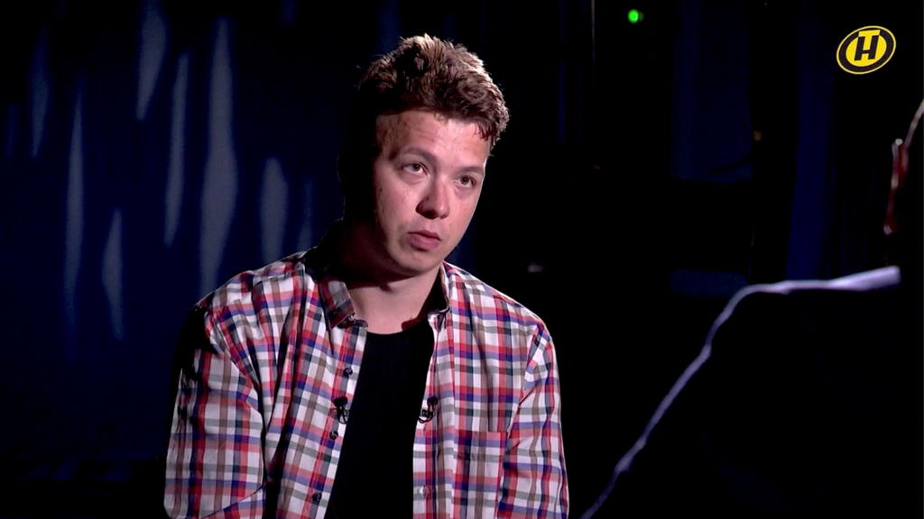 Belarusian journalist Roman Protasevich, detained last month after his flight was forced to land in Minsk, speaks during an interview with Belarusian state television, in this still image taken from undated video footage. ONT TV Channel/Handout via R