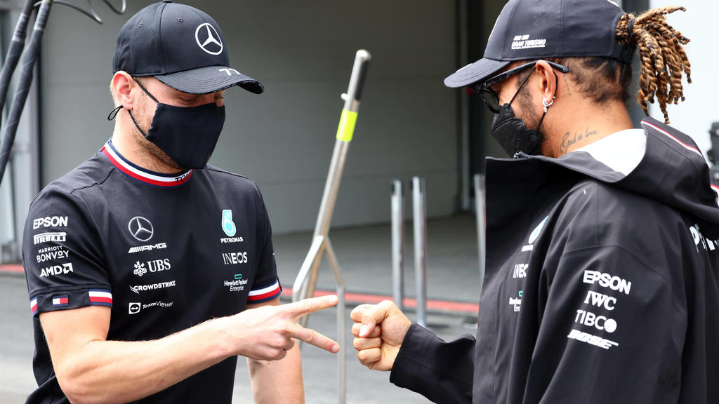 Formula 1 2021: Azerbaijan GP BAKU CITY CIRCUIT, AZERBAIJAN - JUNE 06: Valtteri Bottas, Mercedes, and Sir Lewis Hamilton, Mercedes during the Azerbaijan GP at Baku City Circuit on Sunday June 06, 2021 in Baku, Azerbaijan. Photo by Steve Etherington /