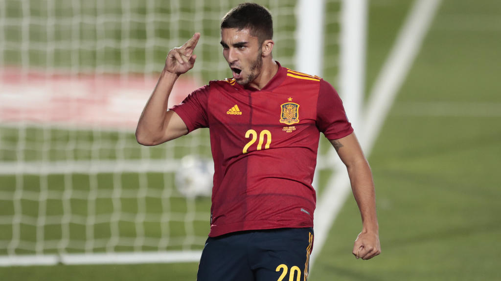 FILE - In this Sunday, Sept. 6, 2020 file photo, Spain's Ferran Torres celebrates after scoring his team's fourth goal during the UEFA Nations League soccer match between Spain and Ukraine at the Estadio Alfredo Di Stefano stadium in Madrid, Spain. E