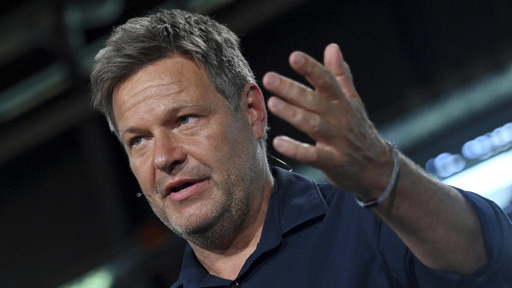 Co-leader of Germany's Green Party, Robert Habeck, gestures as he delivers his speech at the online party Congress of Germany's Alliance 90/The Greens in Berlin, Germany, Friday, June 11, 2021. (John MacDougall/Pool via AP)