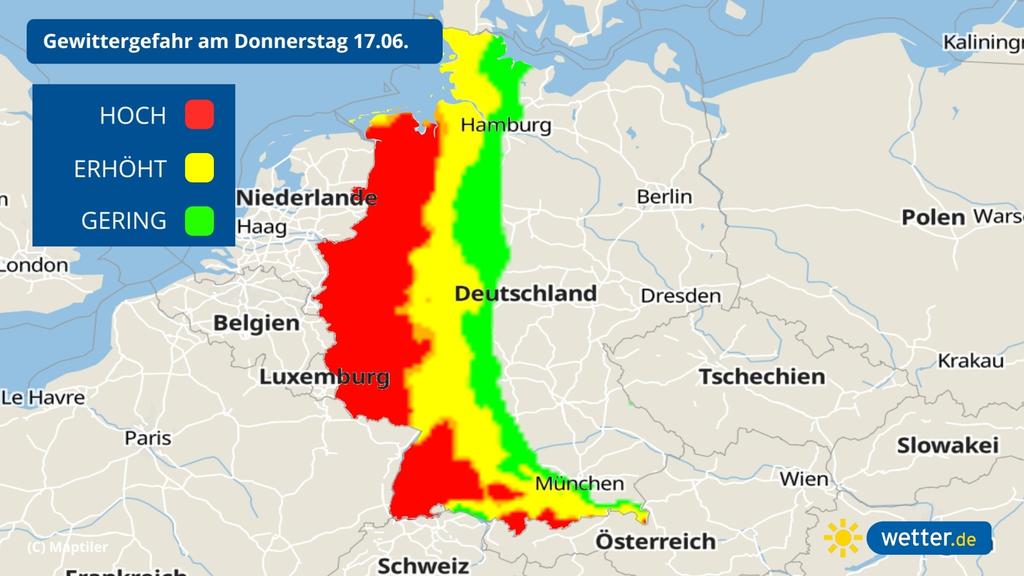 Das Gewitterrisiko am 17 06 2021 liegt in der Westhälfte