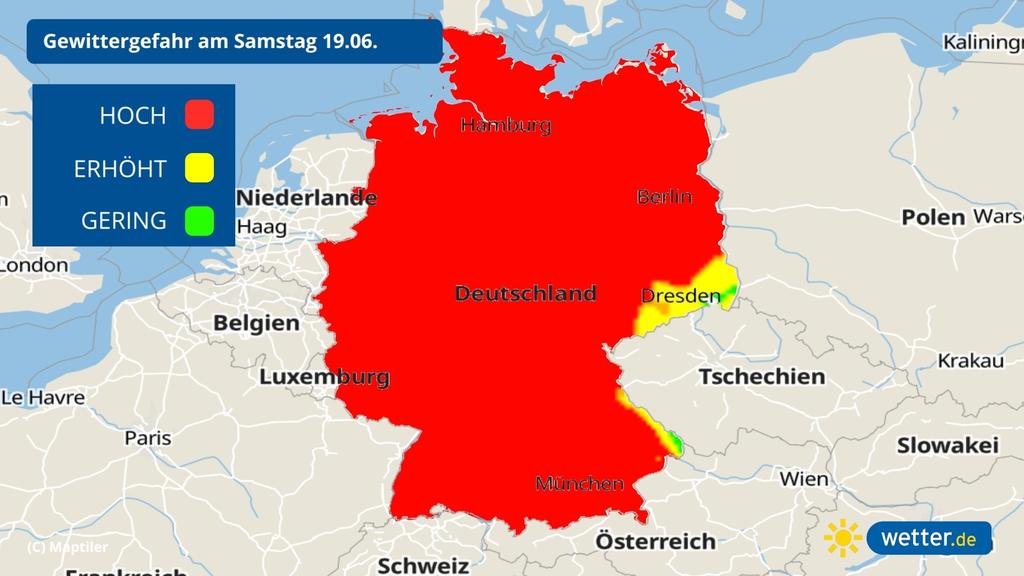 Das Gewitterrisiko am 19 06 2021 hat sich auf das ganze Land ausgebreitet.