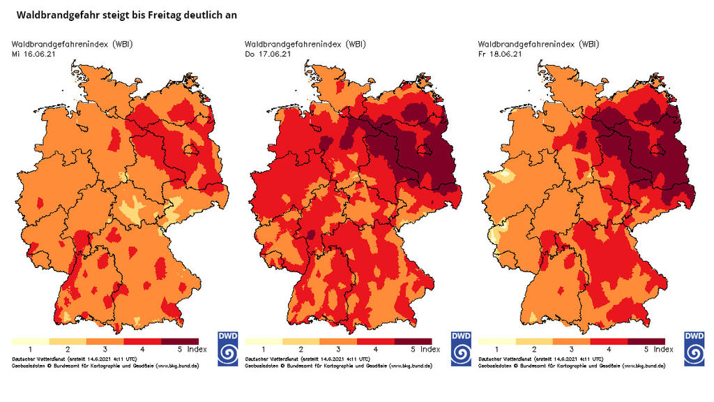 Waldbrandgefahrenindex DWD für Mittwoch, Donnerstag und Freitag