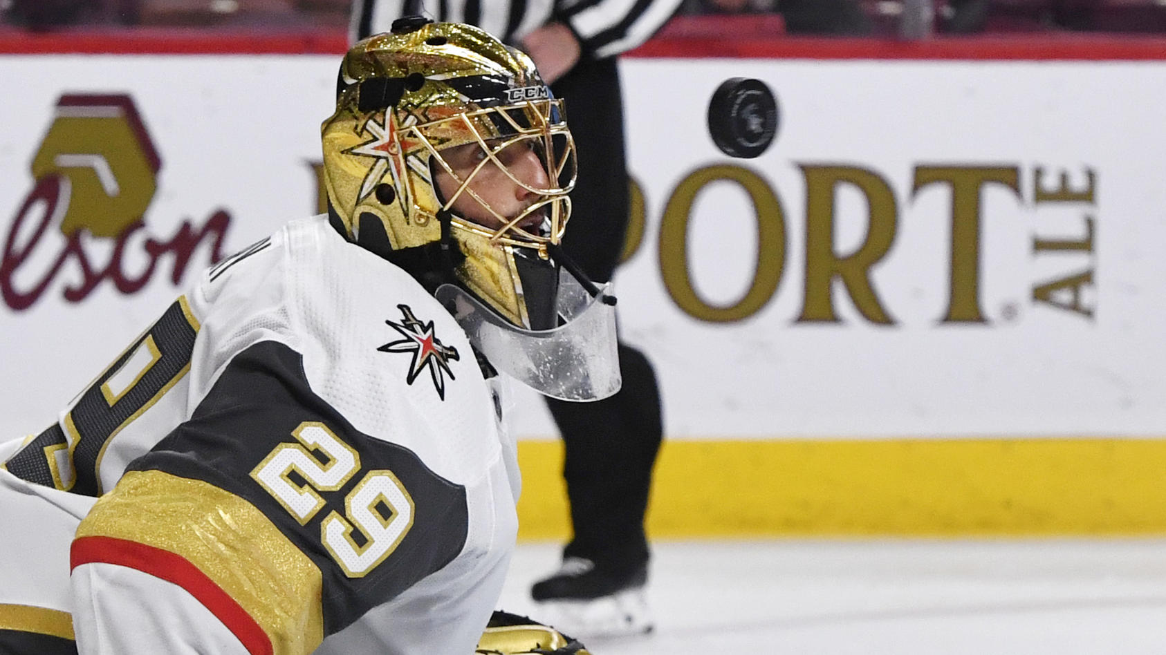Jun 18, 2021; Montreal, Quebec, CAN; Vegas Golden Knights goalie Marc-Andre Fleury (29) tracks the puck during the second period in game three of the 2021 Stanley Cup Semifinals against the Montreal Canadiens at the Bell Centre. Mandatory Credit: Eri