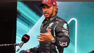 Mercedes driver Lewis Hamilton of Britain addresses the media after the qualifying session ahead of the French Formula One Grand Prix at the Paul Ricard racetrack in Le Castellet, southern France, Saturday, June 19, 2021. The French Grand Prix will be held on Sunday. (Nicolas Tucat/Pool via AP)
