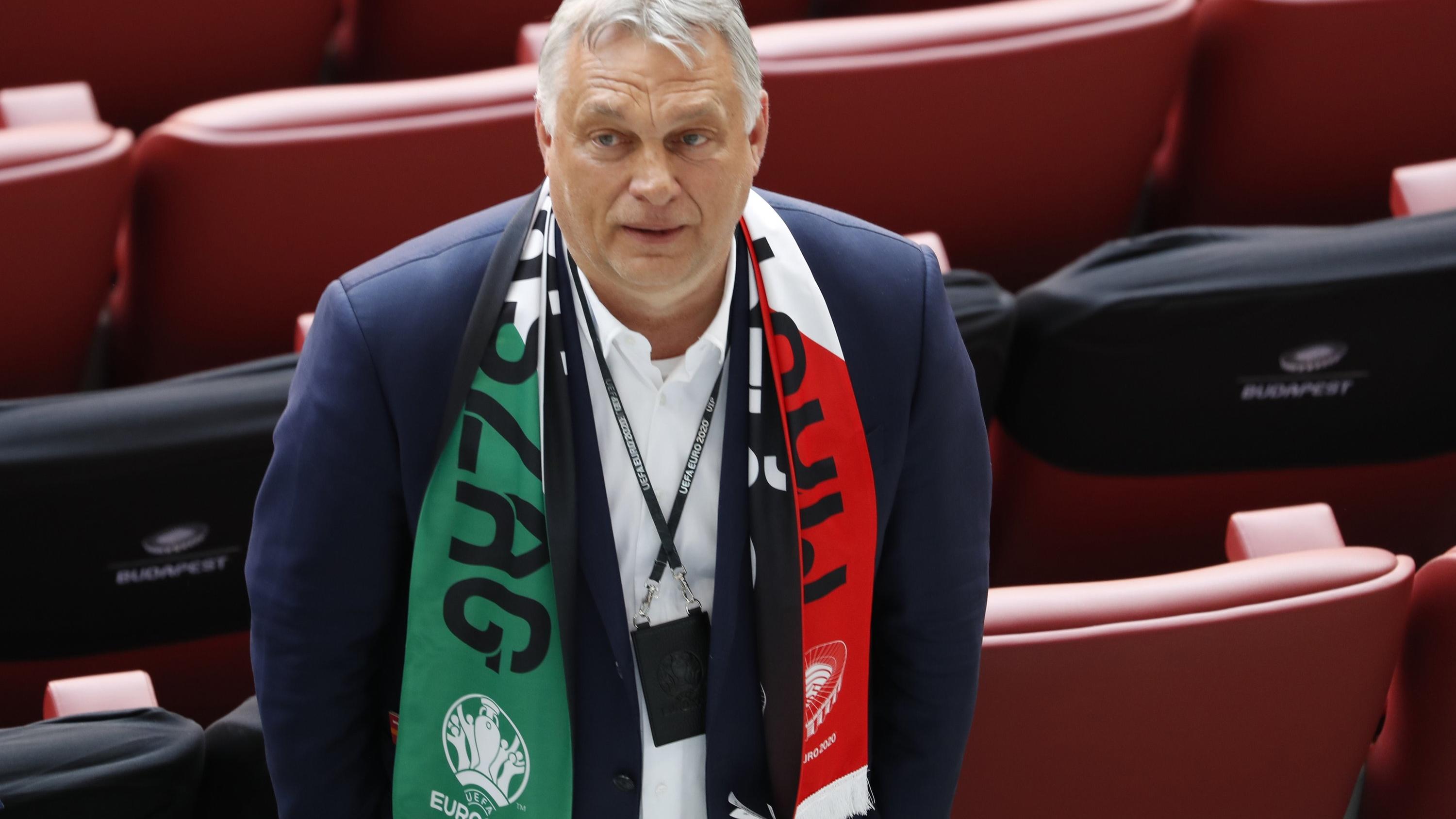 Hungary's Prime Minister Viktor Orban attends the Euro 2020 soccer championship group F match between Hungary and Portugal at the Ferenc Puskas stadium in Budapest, Hungary, Tuesday, June 15, 2021. (AP Photo/Laszlo Balogh, Pool)