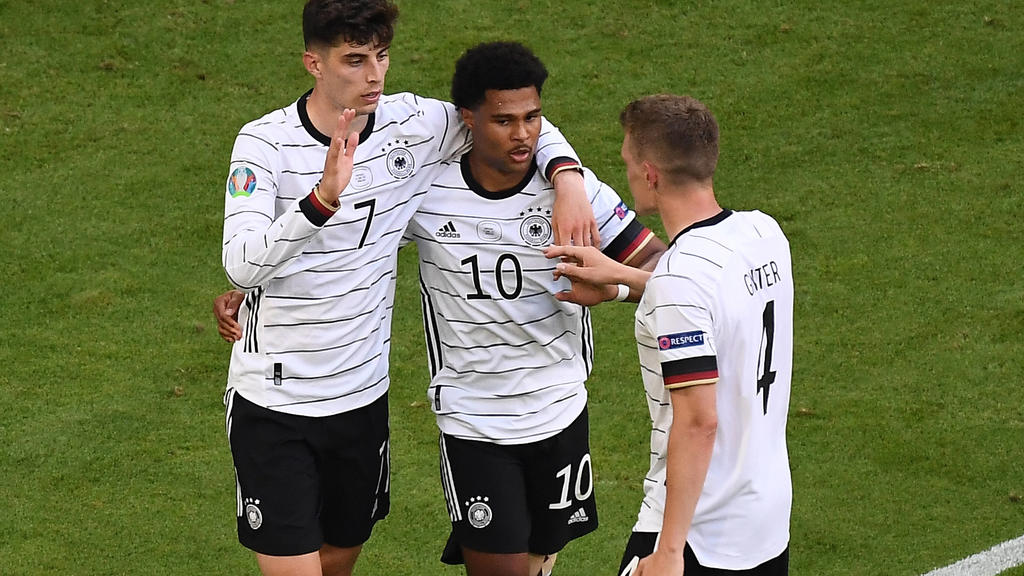 19.06.2021, xjhx, Fussball Europameisterschaft 2020 Gruppe F, Deutschland - Portugal emspor, v.l. Kai Havertz Deutsche Fussball Nationalmannschaft DFB, Serge Gnabry Deutsche Fussball Nationalmannschaft DFB, Matthias Ginter Deutsche Fussball Nationalm