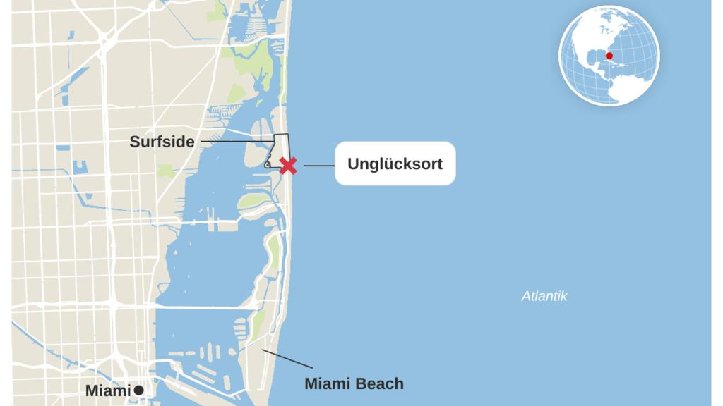 Der Unglücksort in Miami. Die Anlage Champlain Towers South liegt in unmittelbarer Nähe zum Strand.