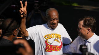 Comedian Bill Cosby reacts outside his home in Elkins Park, Pa., Wednesday, June 30, 2021, after being released from prison. Pennsylvania's highest court has overturned his sex assault conviction. (AP Photo/Matt Slocum)