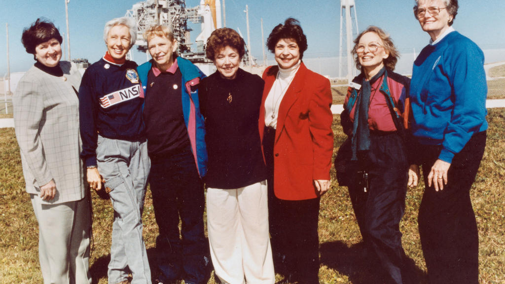 FILE - In this 1995 file photo, members of the FLATs, also known as the Mercury 13, gather for a photo as they attend a shuttle launch in Florida. From left are Gene Nora Jessen, Wally Funk, Jerrie Cobb, Jerri Truhill, Sarah Rutley, Myrtle Cagle and
