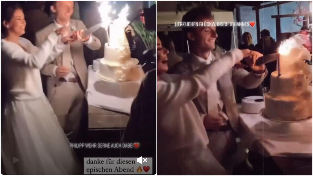 Johannes Mickenberger und Lara schneiden ihre Hochzeitstorte an.