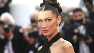 Bella Hadid poses for photographers upon arrival at the premiere of the film 'Annette' and the opening ceremony of the 74th international film festival, Cannes, southern France, Tuesday, July 6, 2021. (Photo by Vianney Le Caer/Invision/AP)