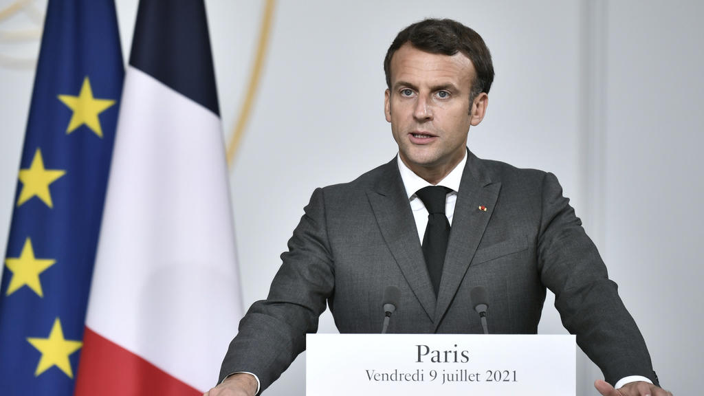 French President Emmanuel Macron delivers his speech during a press conference after a video summit with leaders of G5 Sahel countries at the Elysee presidential Palace in Paris, Friday July 9, 2021. French President Emmanuel Macron said Friday his c