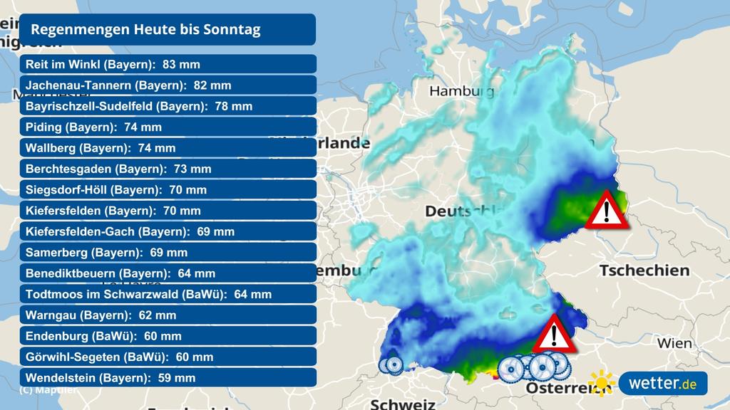 Die vorhergesagten Regensummen von Freitag bis Sonntag.