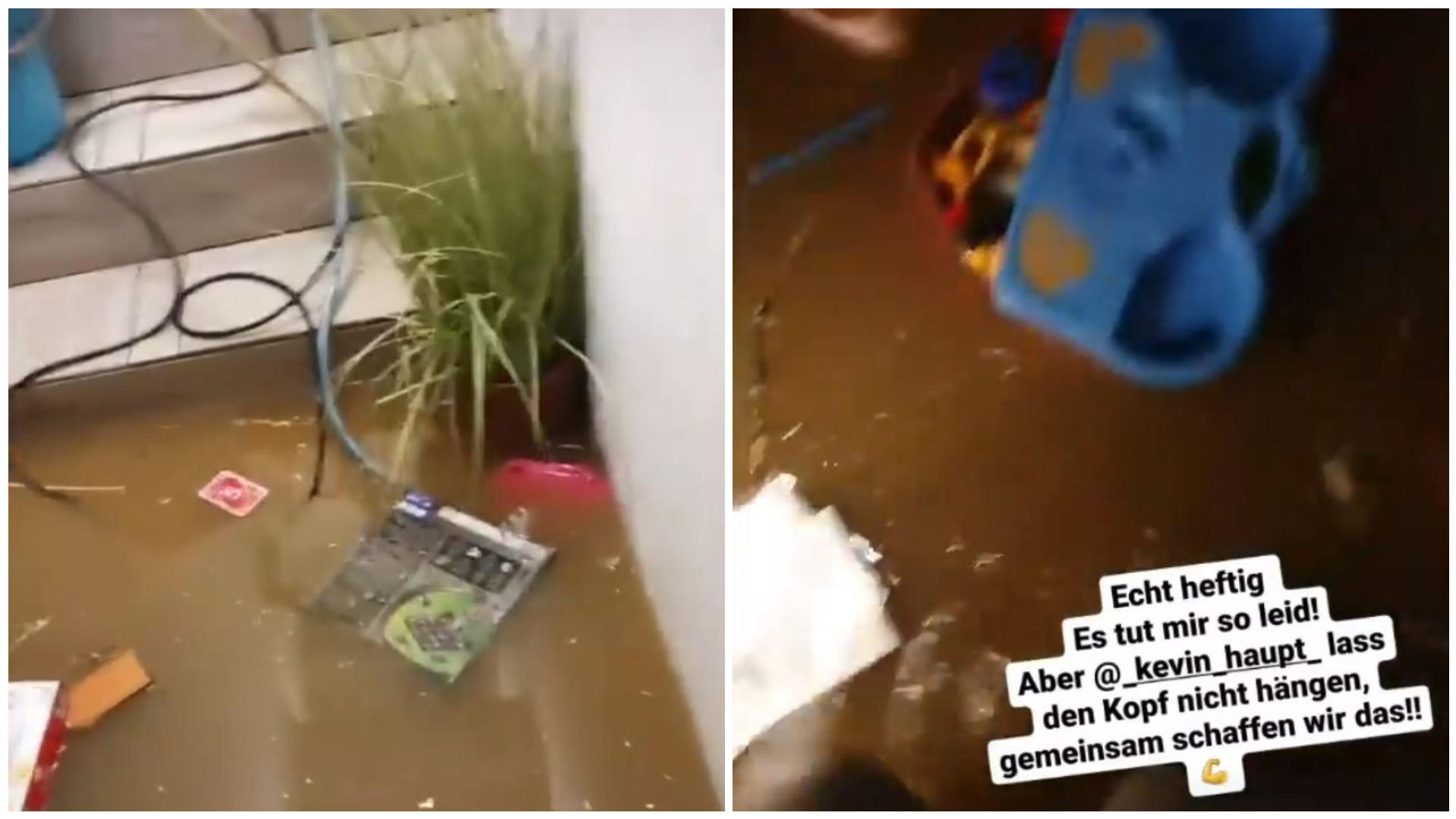 Kevin Haupt zeigt sein überflutetes Untergeschoss. Die Spielzeuge seiner Kinder schwimmen im Wasser umher.