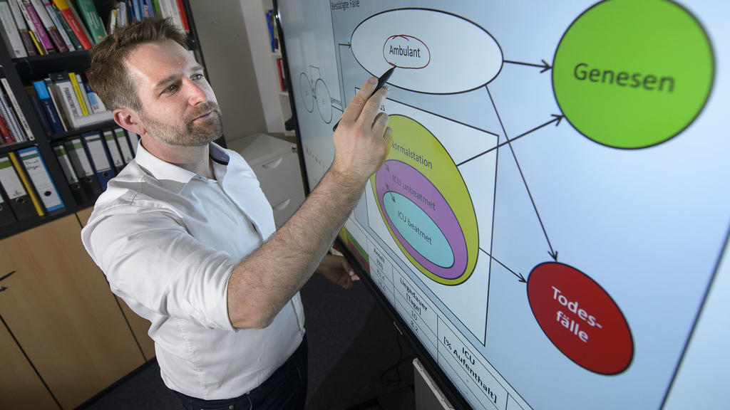 Thorsten Lehr, Saarbrücker Pharmazie-Professor, steht vor einem Bildschirm mit einer von ihm entwickelten Simulation der Corona-Entwicklung. (zu dpa «Experte: Herdenimmunität in Deutschland nicht erreichbar