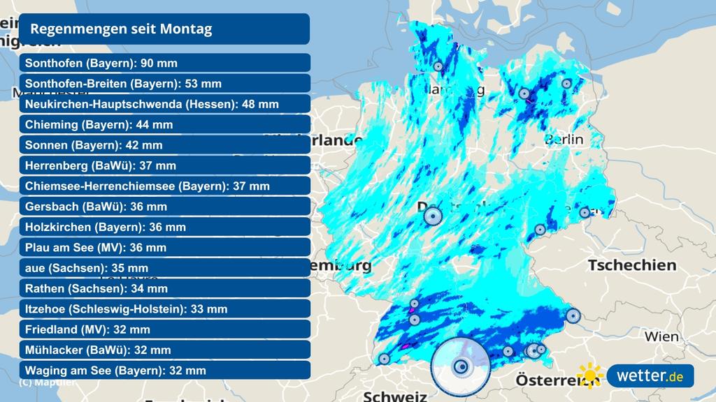 Regensummen seit Montag um Mitternacht