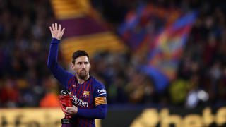 FILE - In this Saturday, April 6, 2019 file photo, Barcelona forward Lionel Messi waves at the crowd as he holds the trophy of the best Spanish La Liga player prior to a soccer match between FC Barcelona and Atletico Madrid at the Camp Nou stadium in Barcelona, Spain. Barcelona says Lionel Messi will not stay with the club, it was reported on Aug. 5, 2021 in a statement that a deal between the club and the player had been reached but financial â€œobstaclesâ€ made it impossible for the player to remain with the club.  (AP Photo/Manu Fernandez, File)