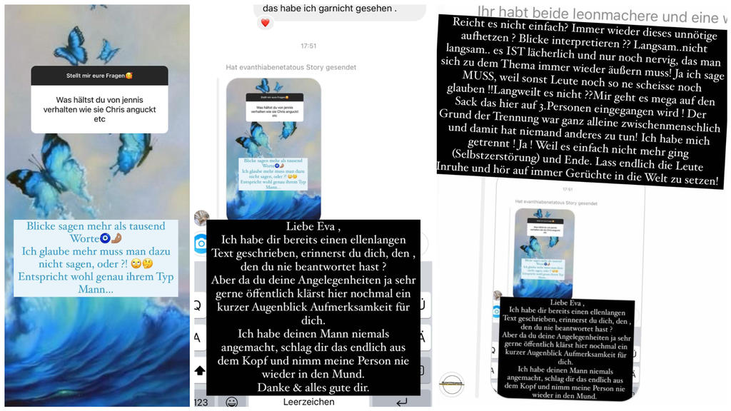 Links: Eva Benetatou schießt gegen Jenefer Riili Mitte: Jenny reagiert auf Evas Anschuldigung Rechts: Chris Broy mischt sich in den Streit ein