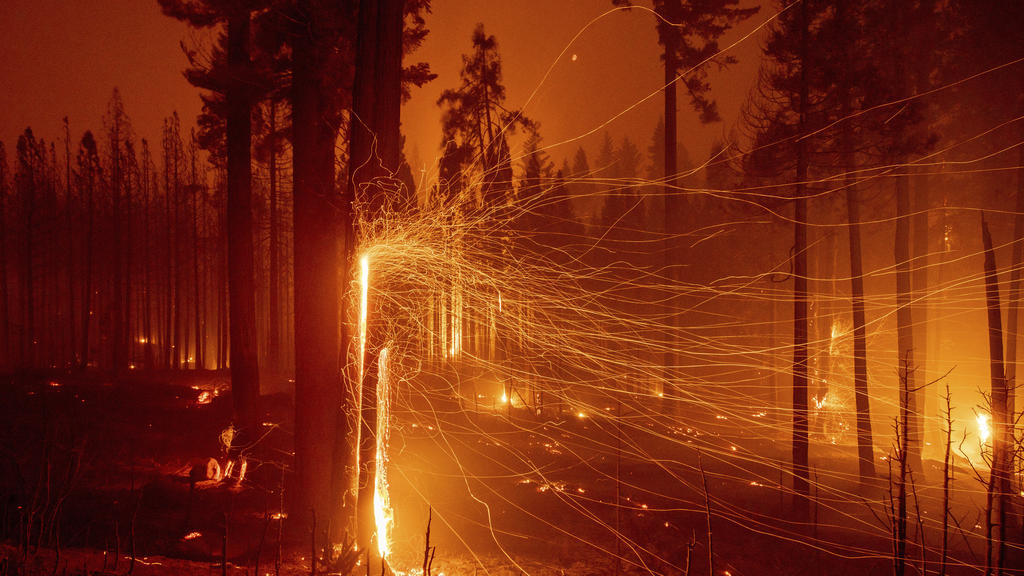 18.08.2021, USA, Sly Park: Glutreste von brennenden Bäumen fliegen während der Waldbrände des so genannten Caldor-Feuer auf dem Mormom Emigrant Trail östlich von Sly Park (Langzeitbelichtung). Foto: Ethan Swope/FR171736 AP/dpa +++ dpa-Bildfunk +++