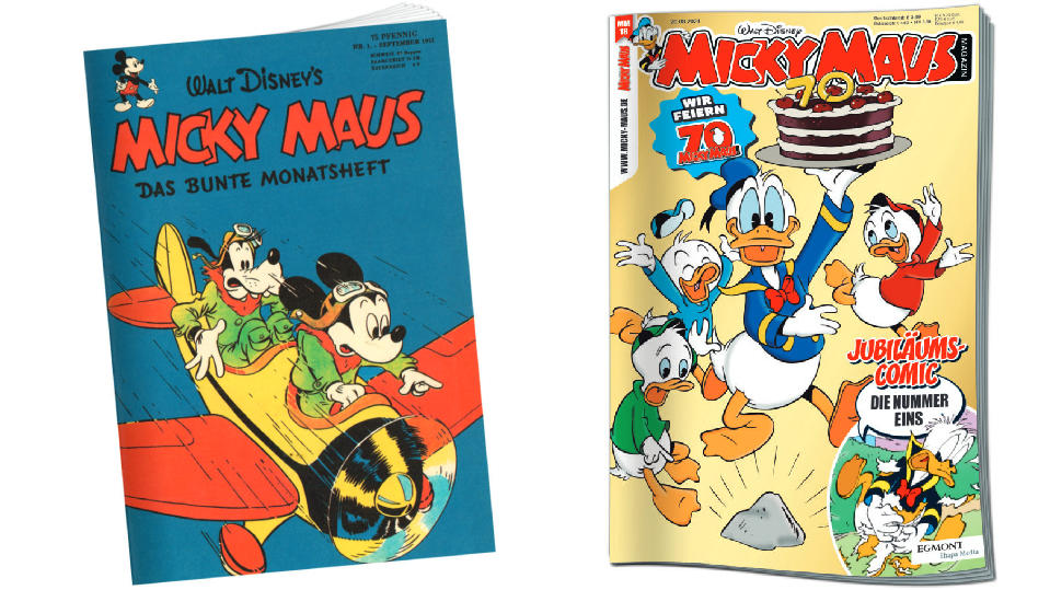 Erstausgabe und neueste Jubiläumsausgabe des Micky Maus Magazins