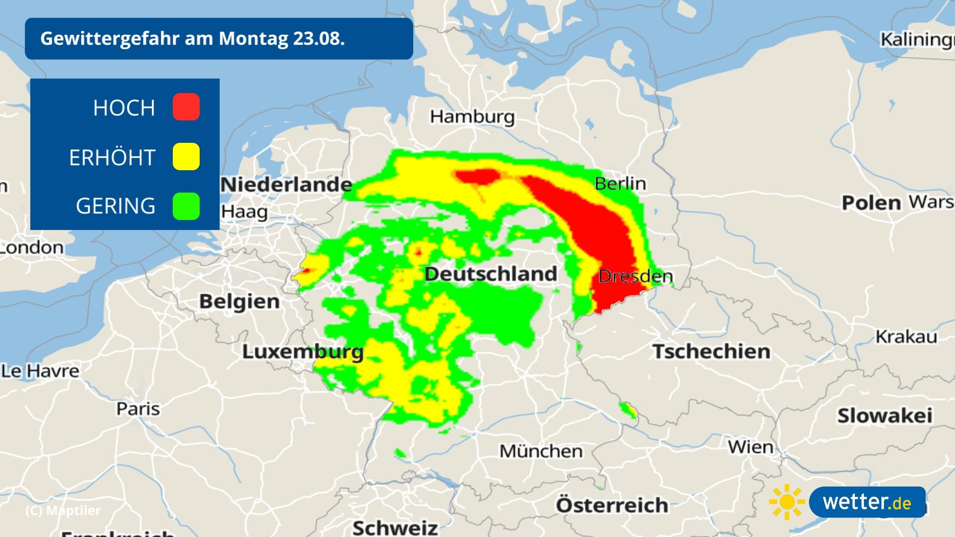 Gewitter am Montag: Vom Emsland bis nach Brandenburg besteht die höchste Wahrscheinlichkeit.