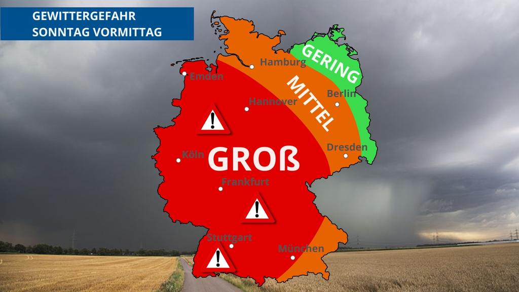 Das Gewitterrisiko am Sonntag in Deutschland: Nur der Bordosten wird ausgespart.