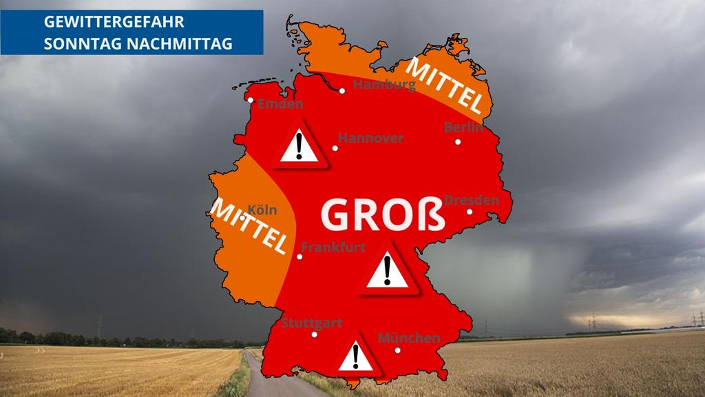 Das Gewitterrisiko am Sonntag ist in fast ganz Deutschland groß.
