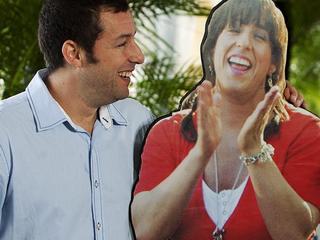 U.S. actors Adam Sandler and Katie Holmes pose with a cardboard cutout of Sandler's character during the launch of their film "Jack and Jill" in Cancun, July 10, 2011. REUTERS/Victor Ruiz Garcia (MEXICO - Tags: ENTERTAINMENT)