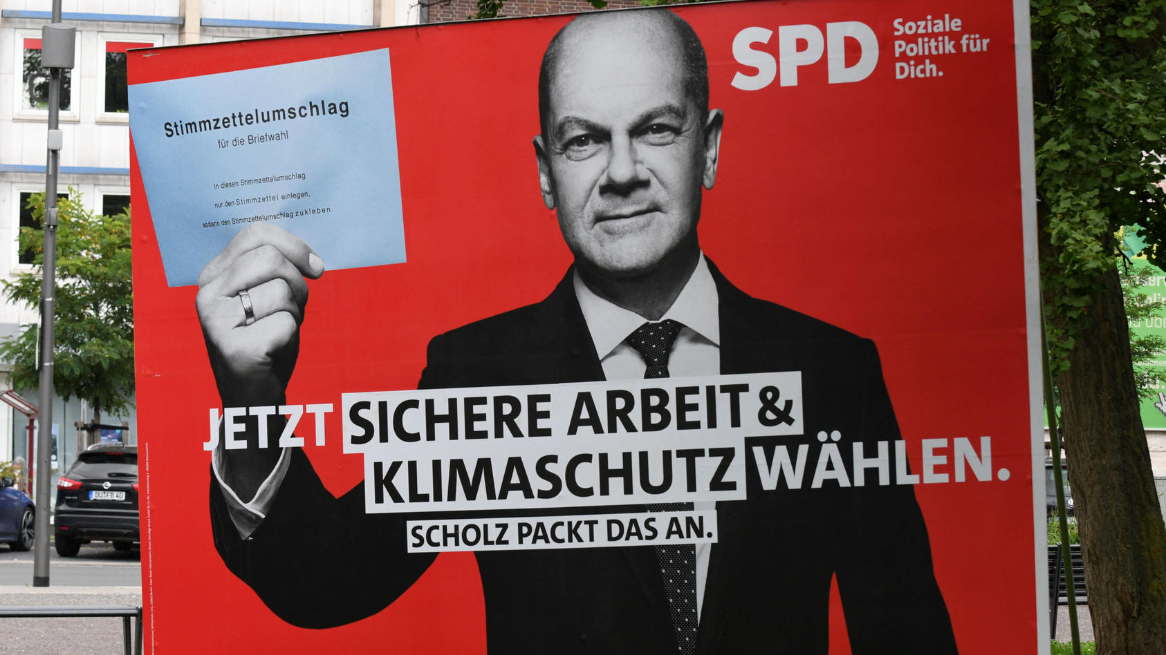 Ein Wahlplakat des SPD-Kanzlerkandidaten Olaf Scholz vor der Bundestagswahl 2021