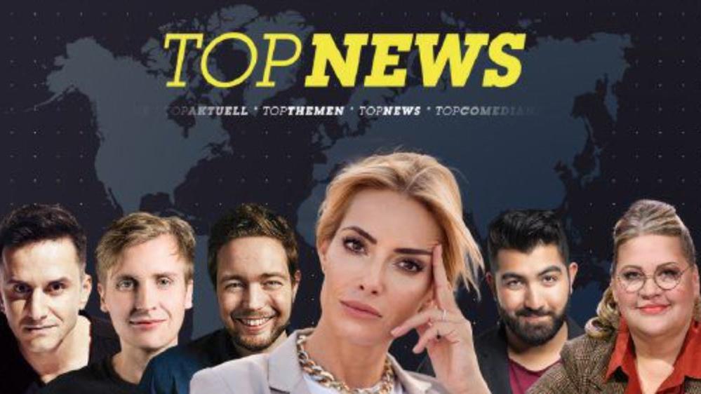 V.l.: Özcan Coşar, Till Reiners, Bastian Bielendorfer, Moderatorin Sarah Valentina Winkaus, Faisal Kawusi und Ilka Bessin sind bei "RTL Topnews" am Start.