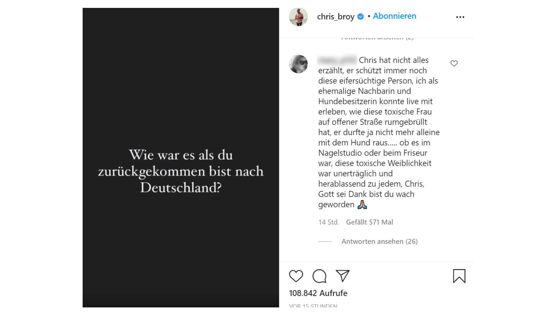 Diesen Kommentar verfasste eine angebliche Nachbarin des Ex-Paares unter einem Post von Chris Broy