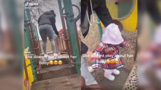 Eine Mutter desinfiziert das Klettergerüst eines Spielplatzes für ihre Tochter.