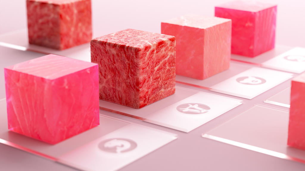 HANDOUT - 25.08.2021, ---: Die von Merck zur Verfügung gestellte Illustration zeigt verschiedene Arten von im Labor hergestelltem Fleisch. (zu dpa «Burger aus der Petrischale - Unternehmen treiben Laborfleisch voran») Foto: Merck/dpa - ACHTUNG: Nur z