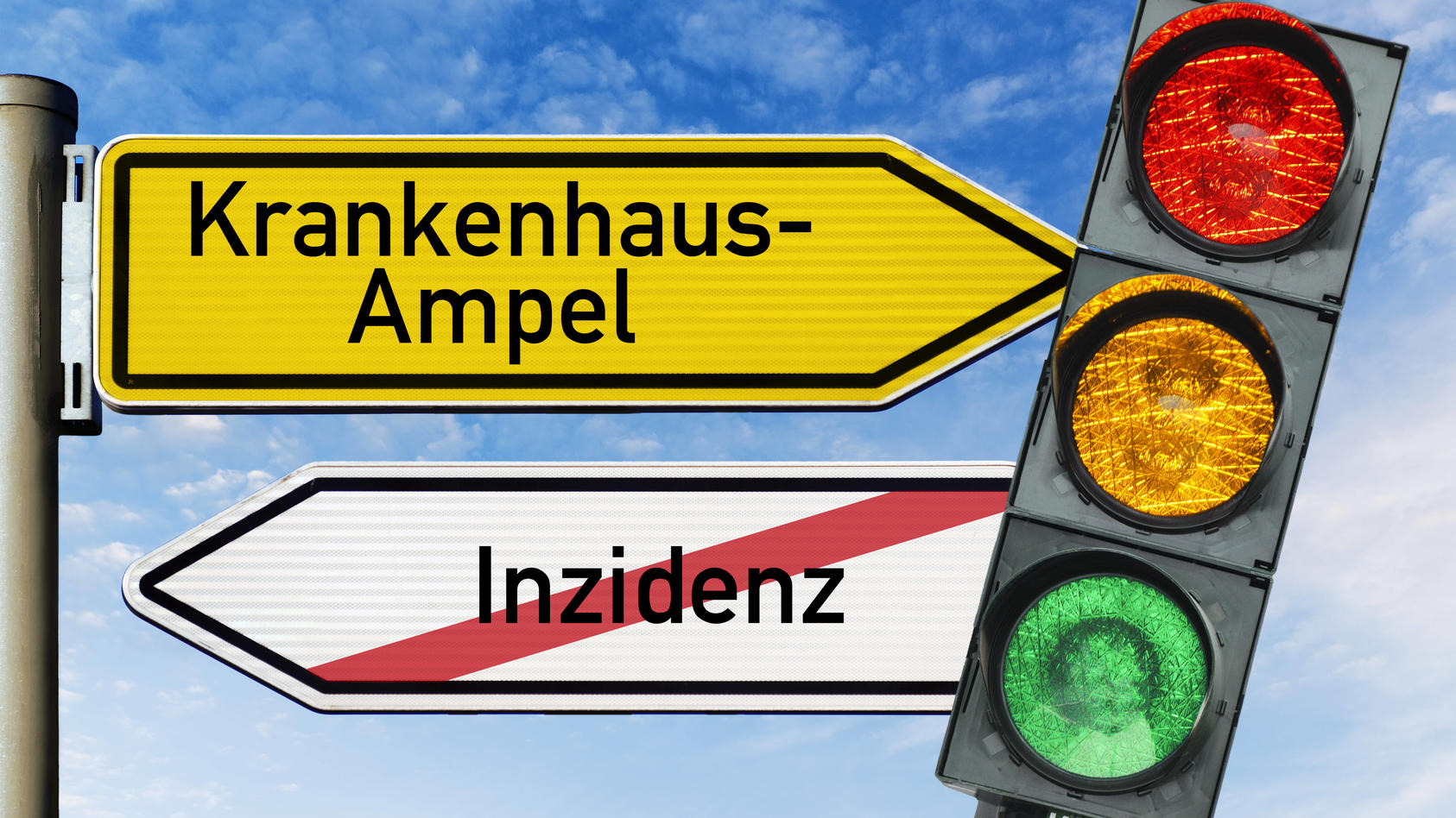  FOTOMONTAGE, Wegweiser mit Aufschrift Krankenhaus-Ampel und durchgestrichener Aufschrift Inzidenz mit Ampel *** PHOTOMONTAGE, signpost with inscription hospital traffic light and crossed out inscription incidence with traffic light