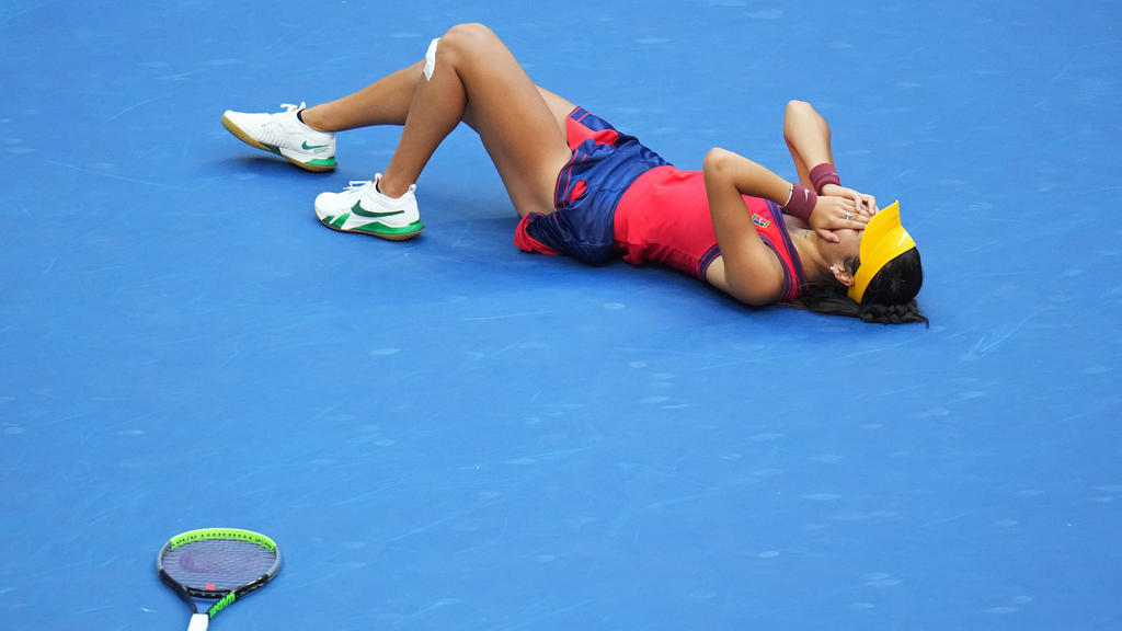 Sep 11, 2021; Flushing, NY, USA; Emma Raducanu of Great Britain celebrates after match point against Leylah Fernandez of Canada (not pictured) in the women's singles final on day thirteen of the 2021 U.S. Open tennis tournament at USTA Billie Jean Ki