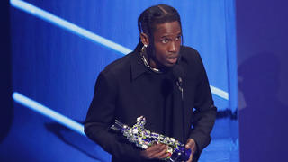 2021 MTV Video Music Awards - Show - Barclays Center, Brooklyn, New York, U.S., September 12, 2021 - Travis Scott accepts the Best Hip-Hop award for Franchise. REUTERS/Mario Anzuoni