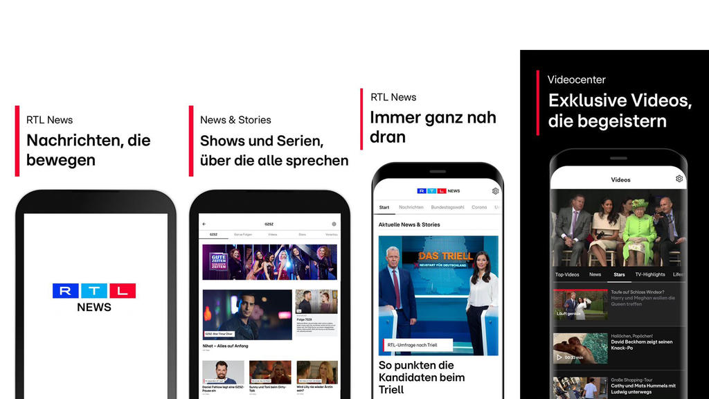 RTL News App: Screenshots zeigen Themenbereiche und Videos-Auswahlbildschirm