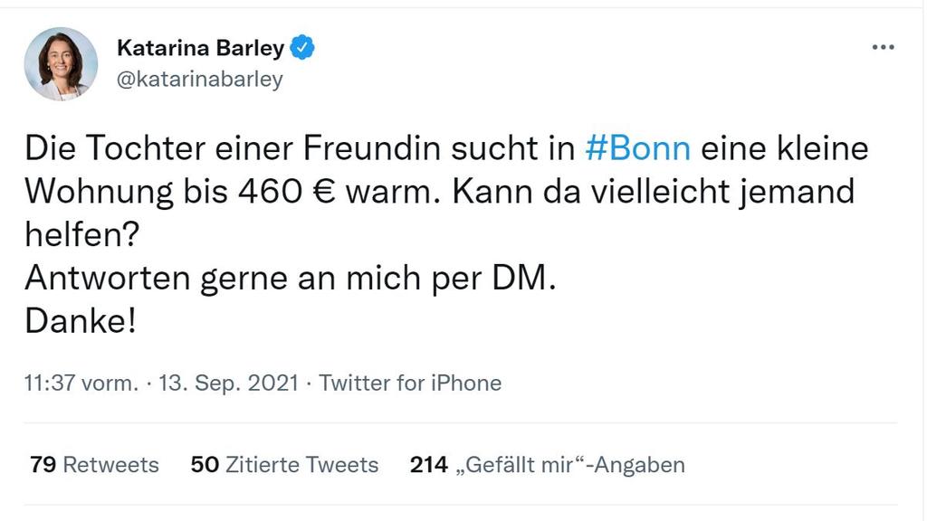 Katarina Barley, Tweet, 13.09.2021, Wohnungssuche für Freundin