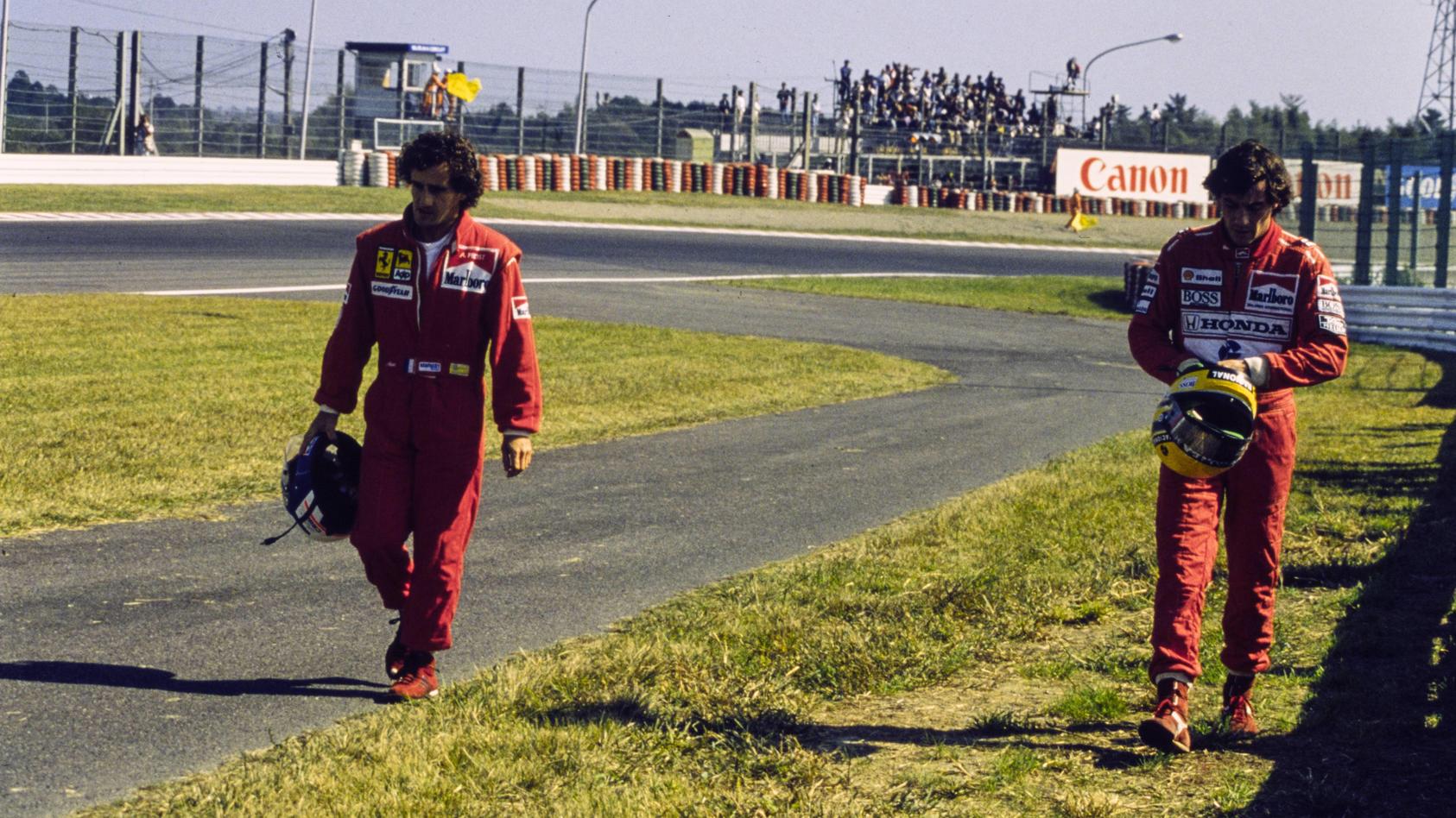 Alain Prost (l.) und Ayrton Senna hatten sich nach ihrem Crash beim entscheidenden Rennen in Suzuka 1990 nichts mehr zu sagen.