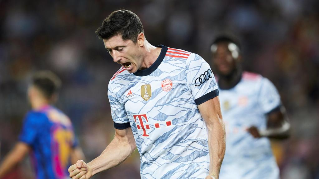 Bayern Munich s Robert Lewandowski celebrates after scoring the 0-2 lead during the UEFA Champions League Group E soccer match between FC Barcelona, Barca and Bayern Munich held at Camp Nou stadium, in Barcelona, Spain, 14 September 2021. FC Barcelo