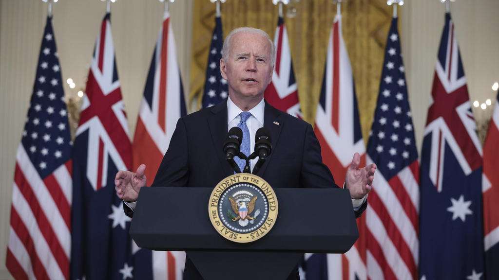 President Joe Biden delivers remarks about a national security initiative on Wednesday, September 15, 2021 in the East Room of the White House in Washington, DC. President Biden was joined virtually by Prime Minister Scott Morrison of Australia and