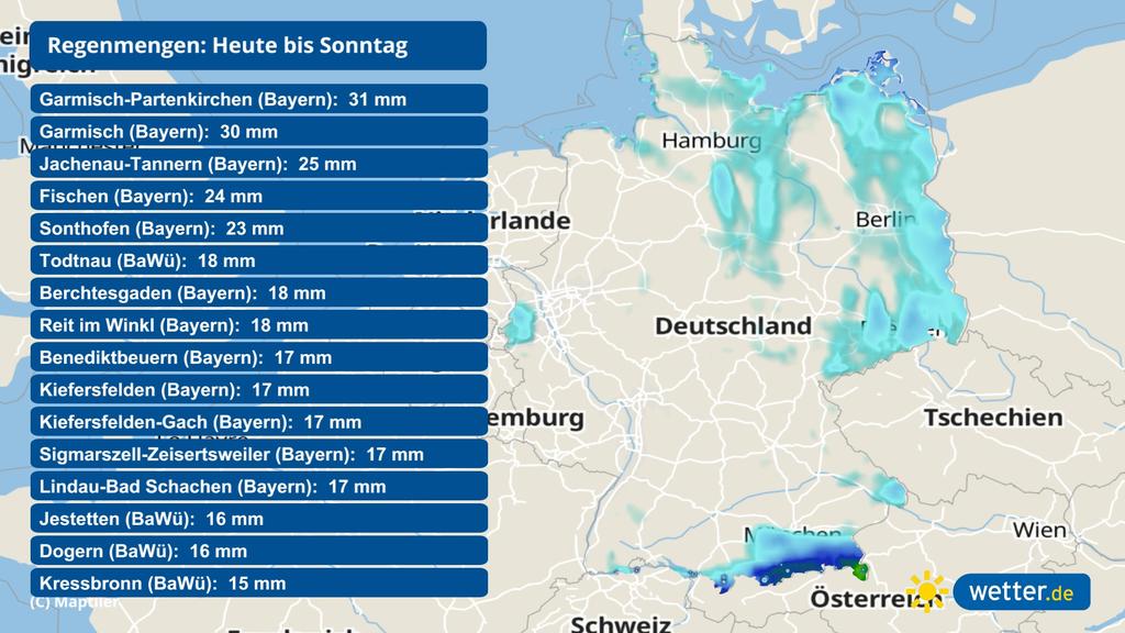 Prognose für die Regensummen am Wochenende