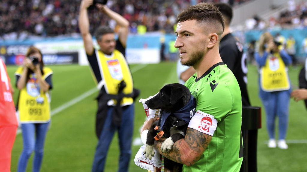 Dinamo-Spieler Deian Sorescu bringt einen Hund aufs Spielfeld.