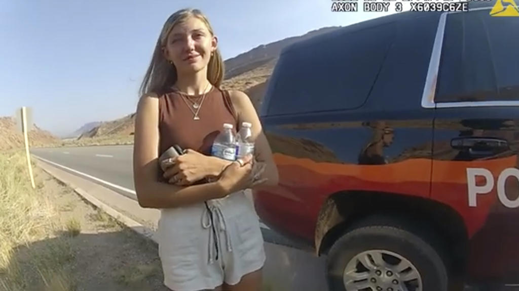 This police camera video provided by The Moab Police Department shows Gabrielle “Gabby†Petito talking to a police officer after police pulled over the van she was traveling in with her boyfriend, Brian Laundrie, near the entrance to Arches Natio